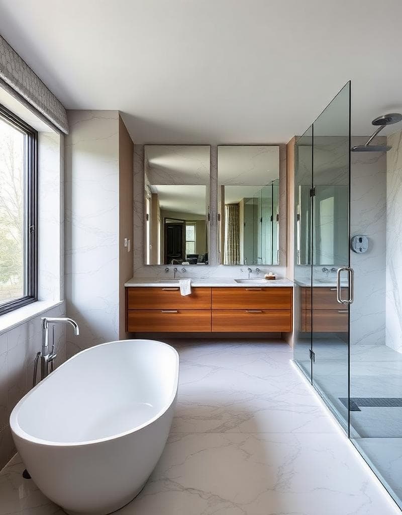 Luxury bathroom remodel with modern stone finishes and custom lighting